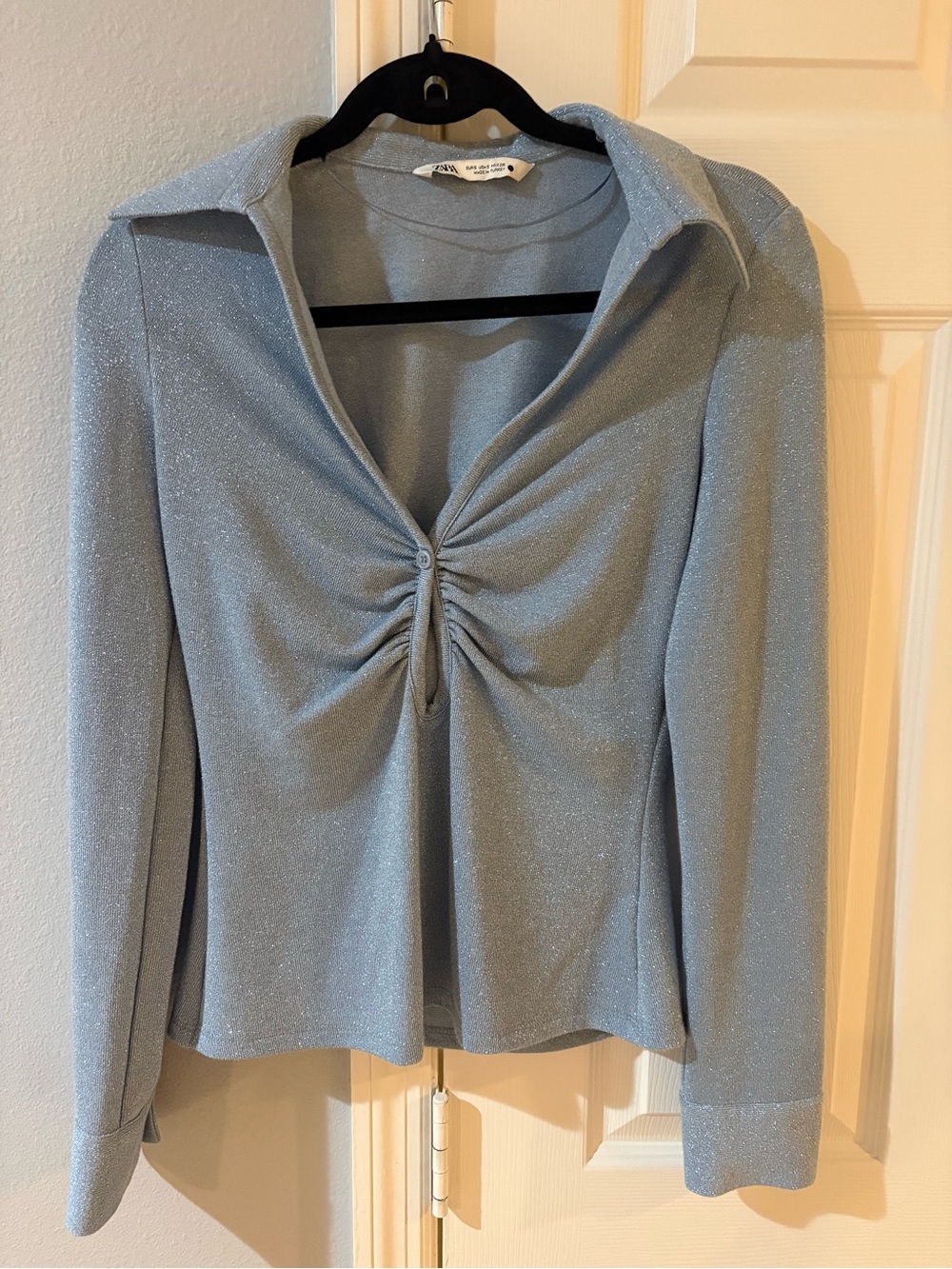 Zara Light Blue Metallic Ruched Front Long Sleeve Top